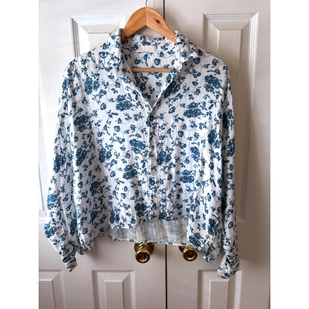 CP SHADES White Herringbone Blue Floral Gauzy Cotton Oversized Button Shirt XS
